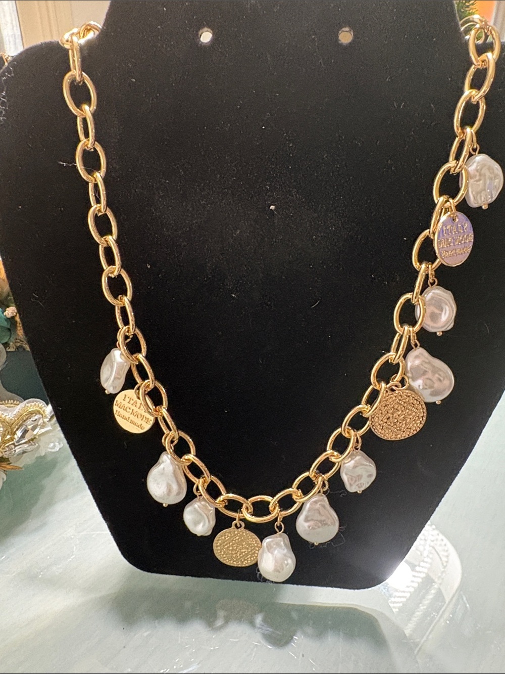 Gold tone handmade Chain Necklace with White Pearl Drops and Disc Charms